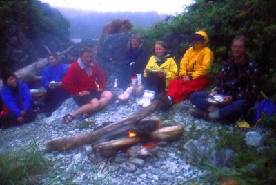 An evening campfire dinner.