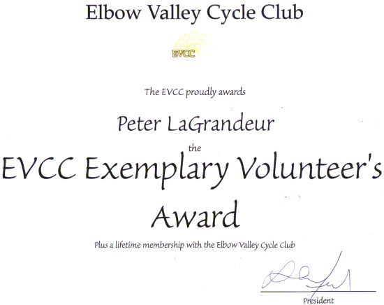 Peter's EVCC Life Membership, presented October 2000.